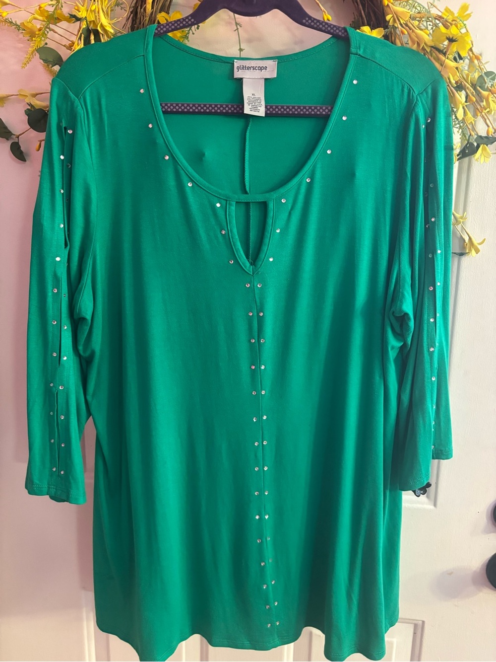 Glitterscope Women's Emerald Green Studded Keyhole Long Sleeve Top